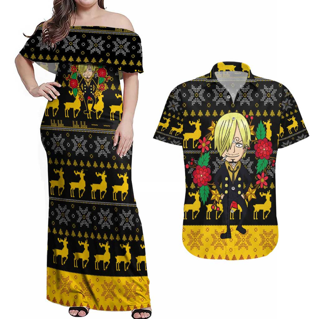 Sanji - One Piece Couples Matching Off Shoulder Maxi Dress and Hawaiian Shirt Anime Mix Christmas Style