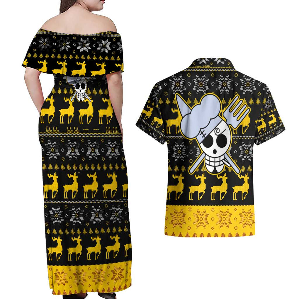 Sanji - One Piece Couples Matching Off Shoulder Maxi Dress and Hawaiian Shirt Anime Mix Christmas Style