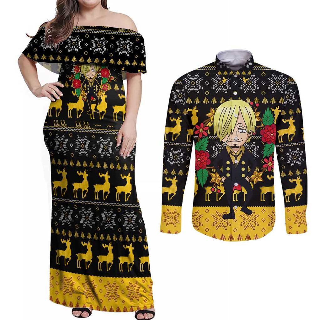 Sanji - One Piece Couples Matching Off Shoulder Maxi Dress and Long Sleeve Button Shirt Anime Mix Christmas Style
