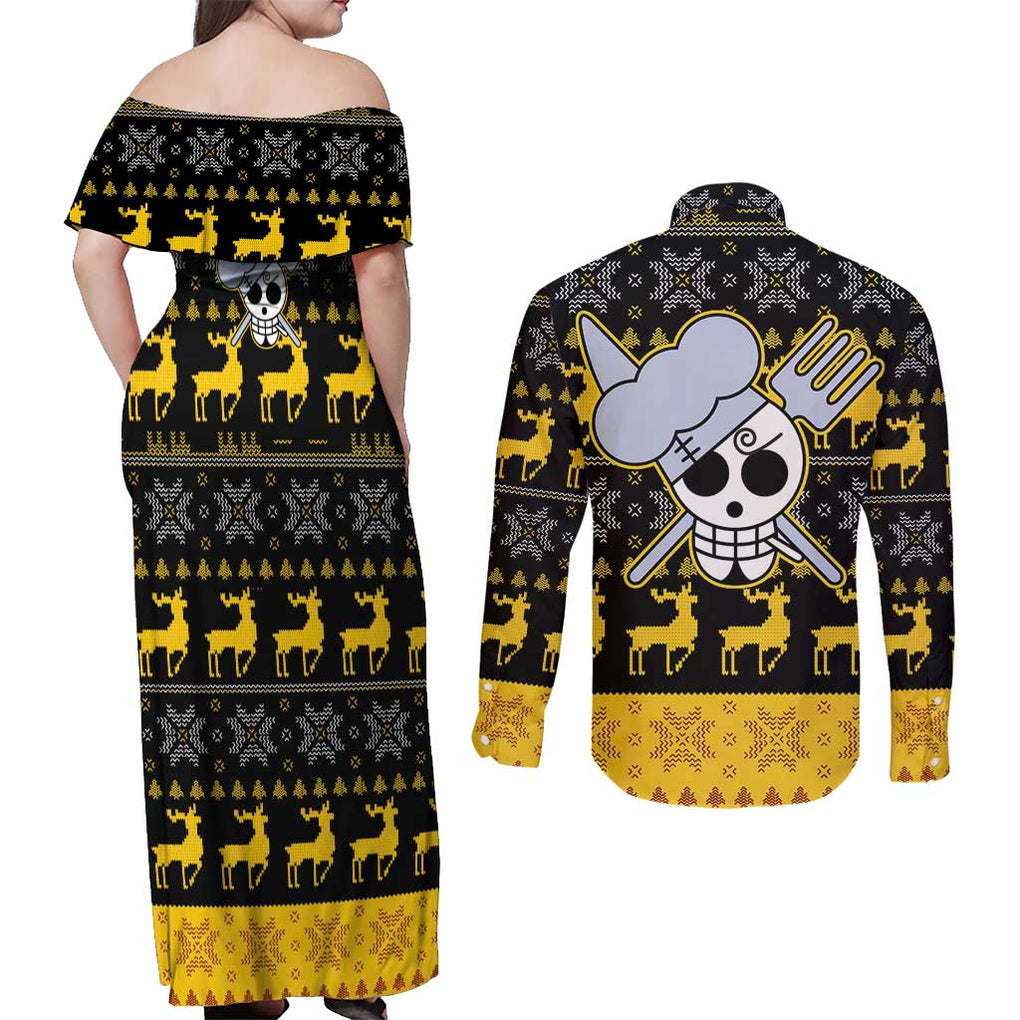 Sanji - One Piece Couples Matching Off Shoulder Maxi Dress and Long Sleeve Button Shirt Anime Mix Christmas Style