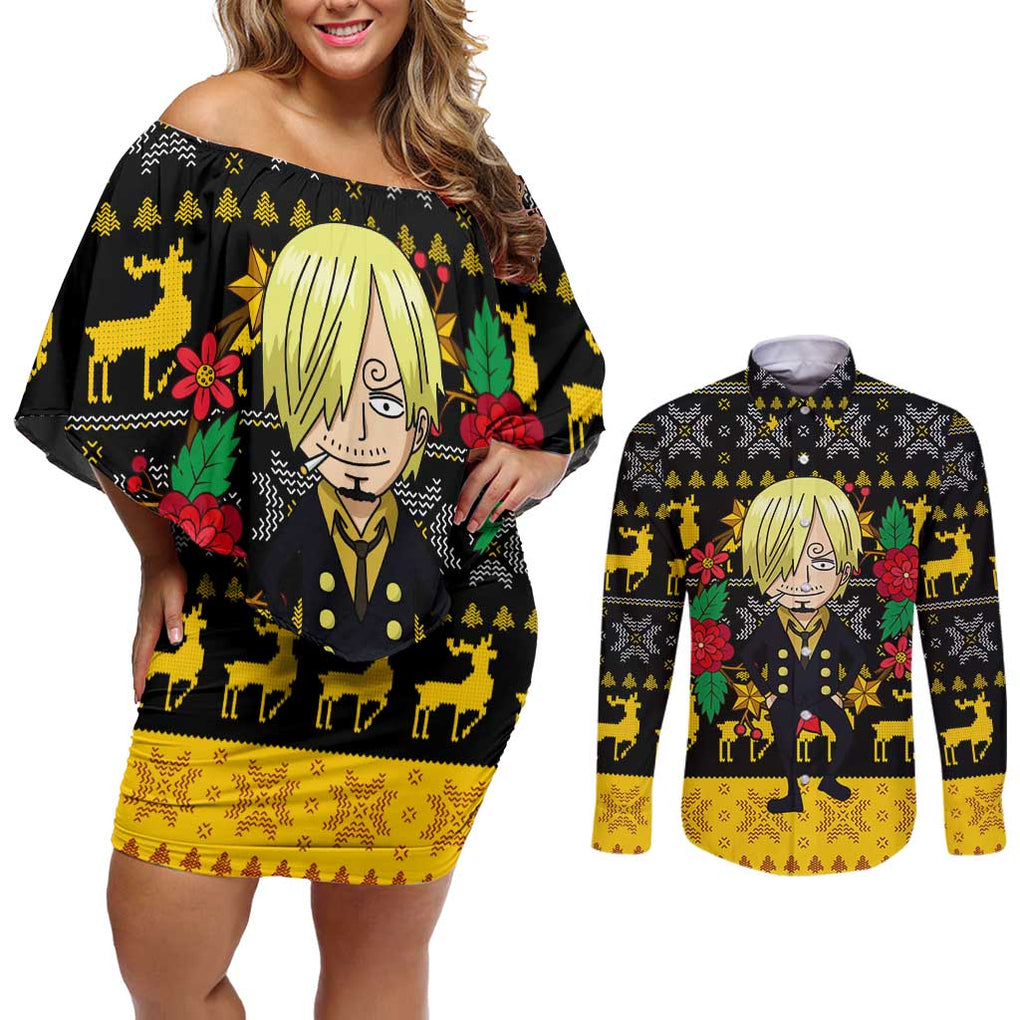 Sanji - One Piece Couples Matching Off Shoulder Short Dress and Long Sleeve Button Shirt Anime Mix Christmas Style