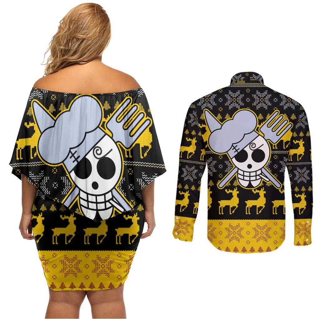 Sanji - One Piece Couples Matching Off Shoulder Short Dress and Long Sleeve Button Shirt Anime Mix Christmas Style