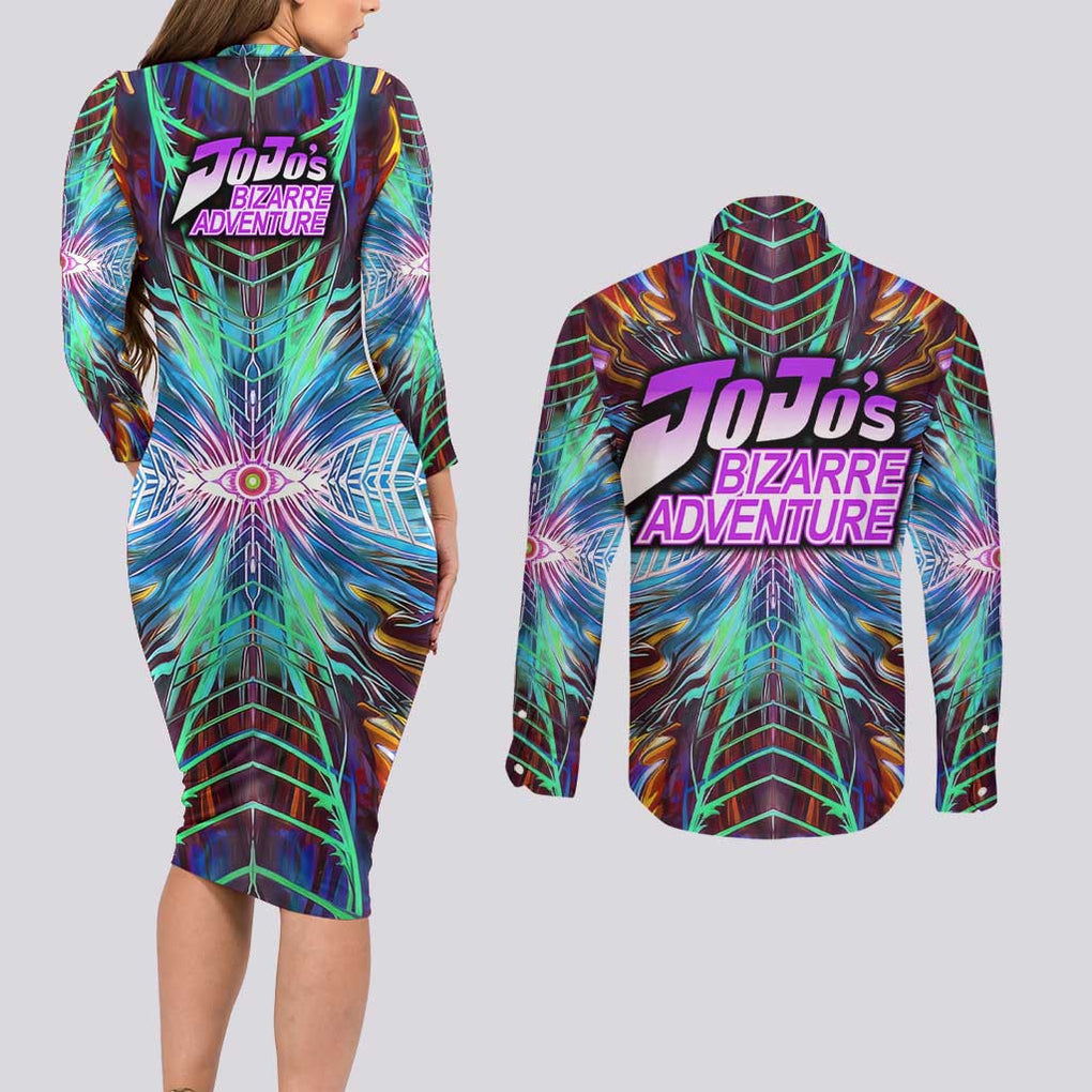 Trippy Dio Brando JoJo’s Bizarre Adventure Couples Matching Long Sleeve Bodycon Dress and Long Sleeve Button Shirt Anime Style