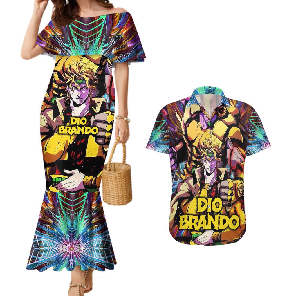 Trippy Dio Brando JoJo’s Bizarre Adventure Couples Matching Mermaid Dress and Hawaiian Shirt Anime Style