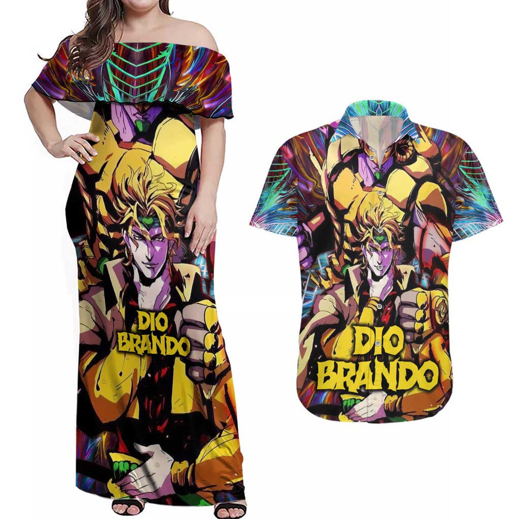 Trippy Dio Brando JoJo’s Bizarre Adventure Couples Matching Off Shoulder Maxi Dress and Hawaiian Shirt Anime Style