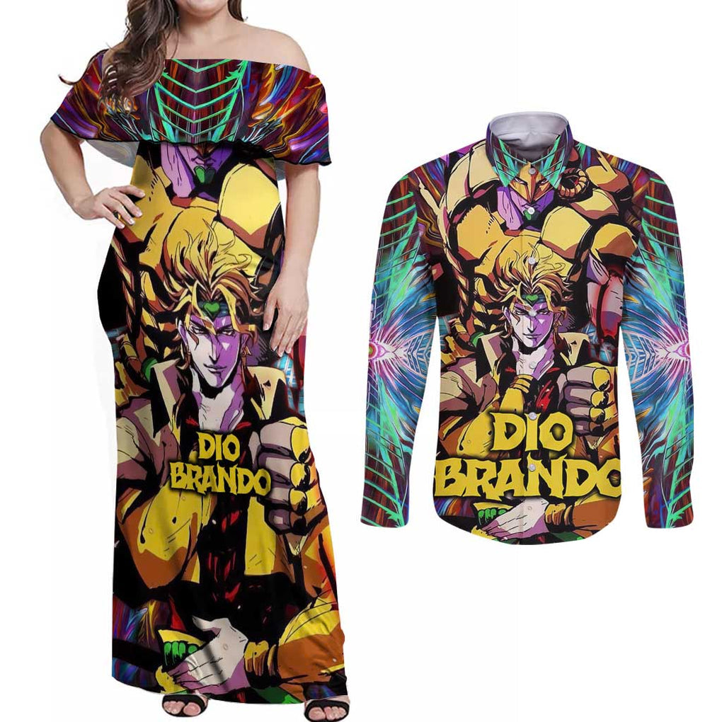 Trippy Dio Brando JoJo’s Bizarre Adventure Couples Matching Off Shoulder Maxi Dress and Long Sleeve Button Shirt Anime Style
