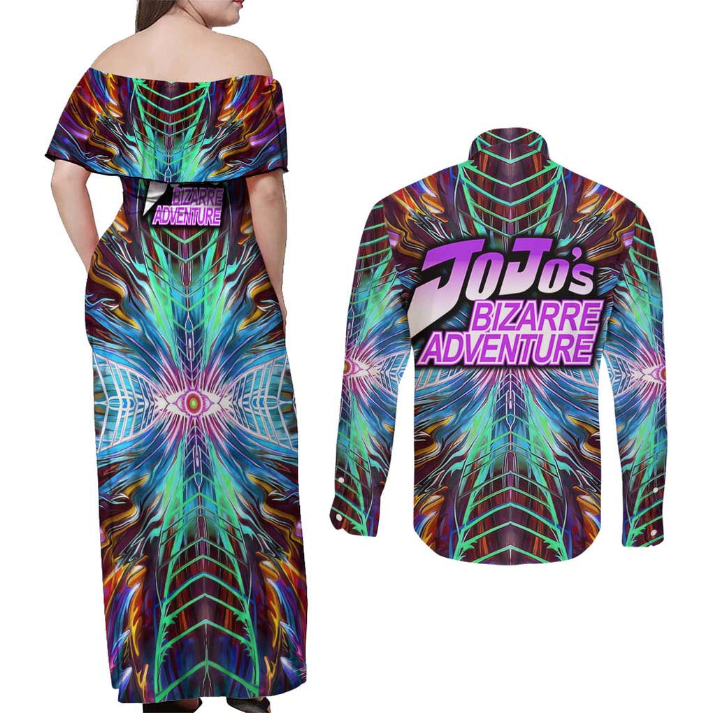 Trippy Dio Brando JoJo’s Bizarre Adventure Couples Matching Off Shoulder Maxi Dress and Long Sleeve Button Shirt Anime Style
