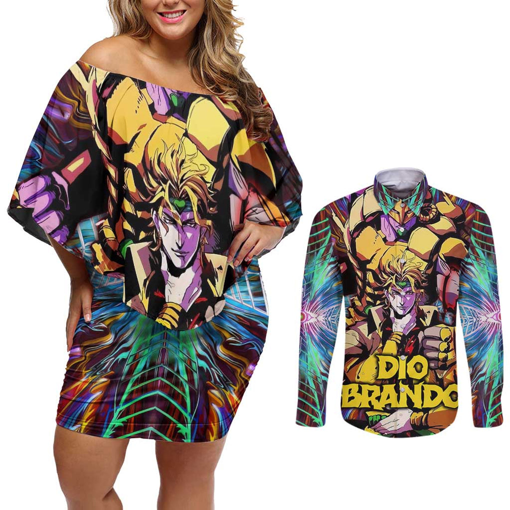 Trippy Dio Brando JoJo’s Bizarre Adventure Couples Matching Off Shoulder Short Dress and Long Sleeve Button Shirt Anime Style