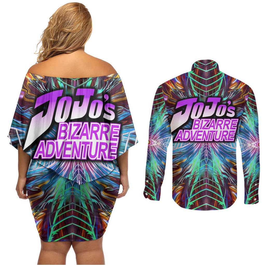 Trippy Dio Brando JoJo’s Bizarre Adventure Couples Matching Off Shoulder Short Dress and Long Sleeve Button Shirt Anime Style