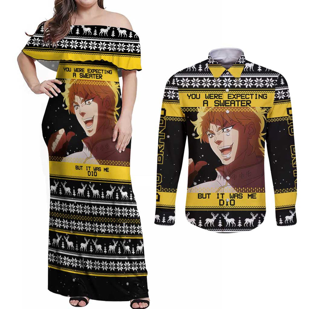 Dio Brando - JoJo’s Bizarre Adventure Couples Matching Off Shoulder Maxi Dress and Long Sleeve Button Shirt Anime Mix Christmas Style