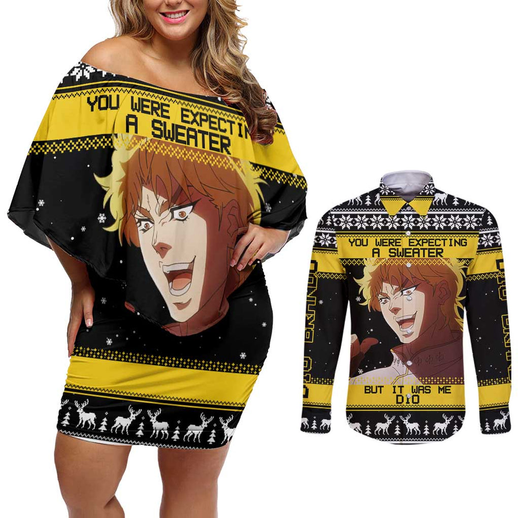 Dio Brando - JoJo’s Bizarre Adventure Couples Matching Off Shoulder Short Dress and Long Sleeve Button Shirt Anime Mix Christmas Style