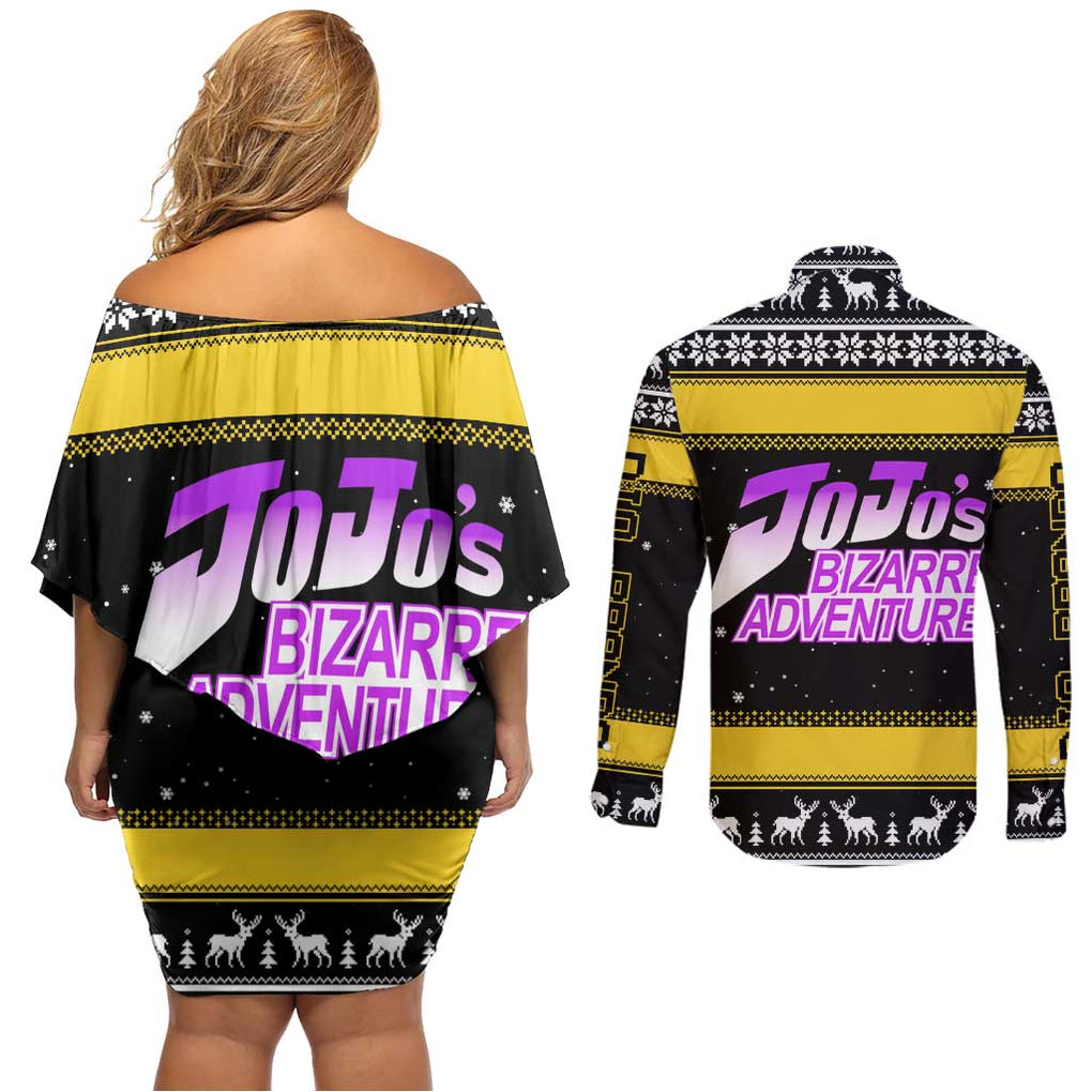 Dio Brando - JoJo’s Bizarre Adventure Couples Matching Off Shoulder Short Dress and Long Sleeve Button Shirt Anime Mix Christmas Style