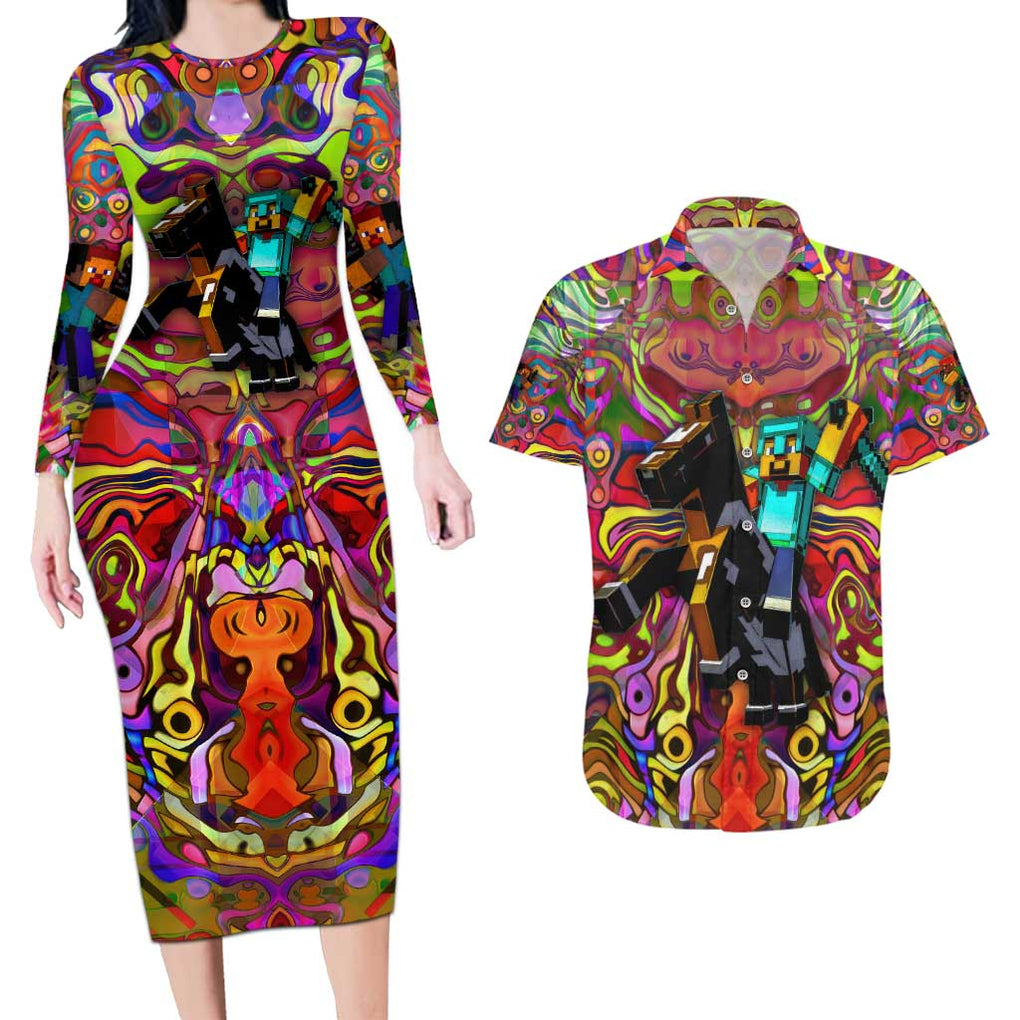 Trippy Minecraft Couples Matching Long Sleeve Bodycon Dress and Hawaiian Shirt Trippy Style