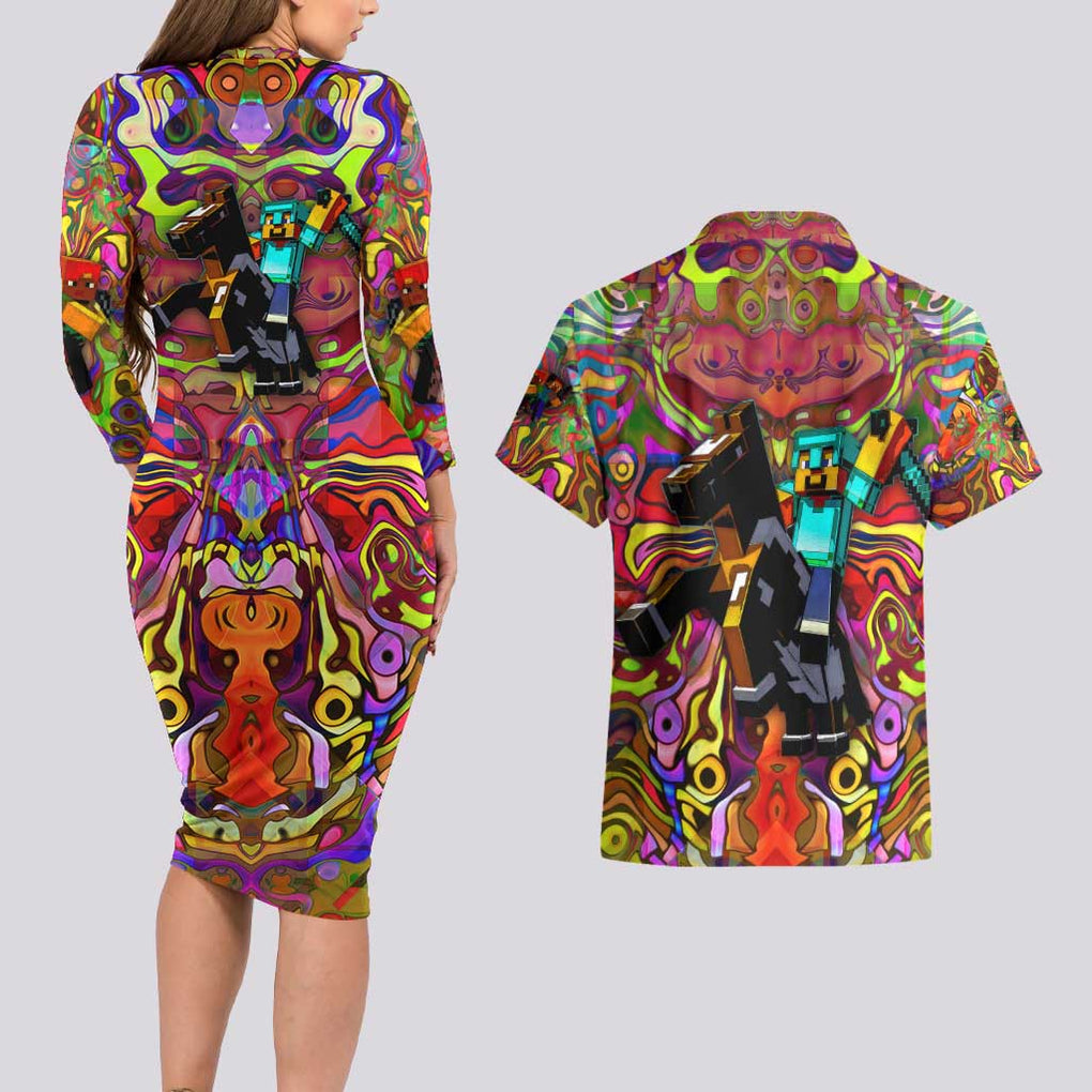 Trippy Minecraft Couples Matching Long Sleeve Bodycon Dress and Hawaiian Shirt Trippy Style