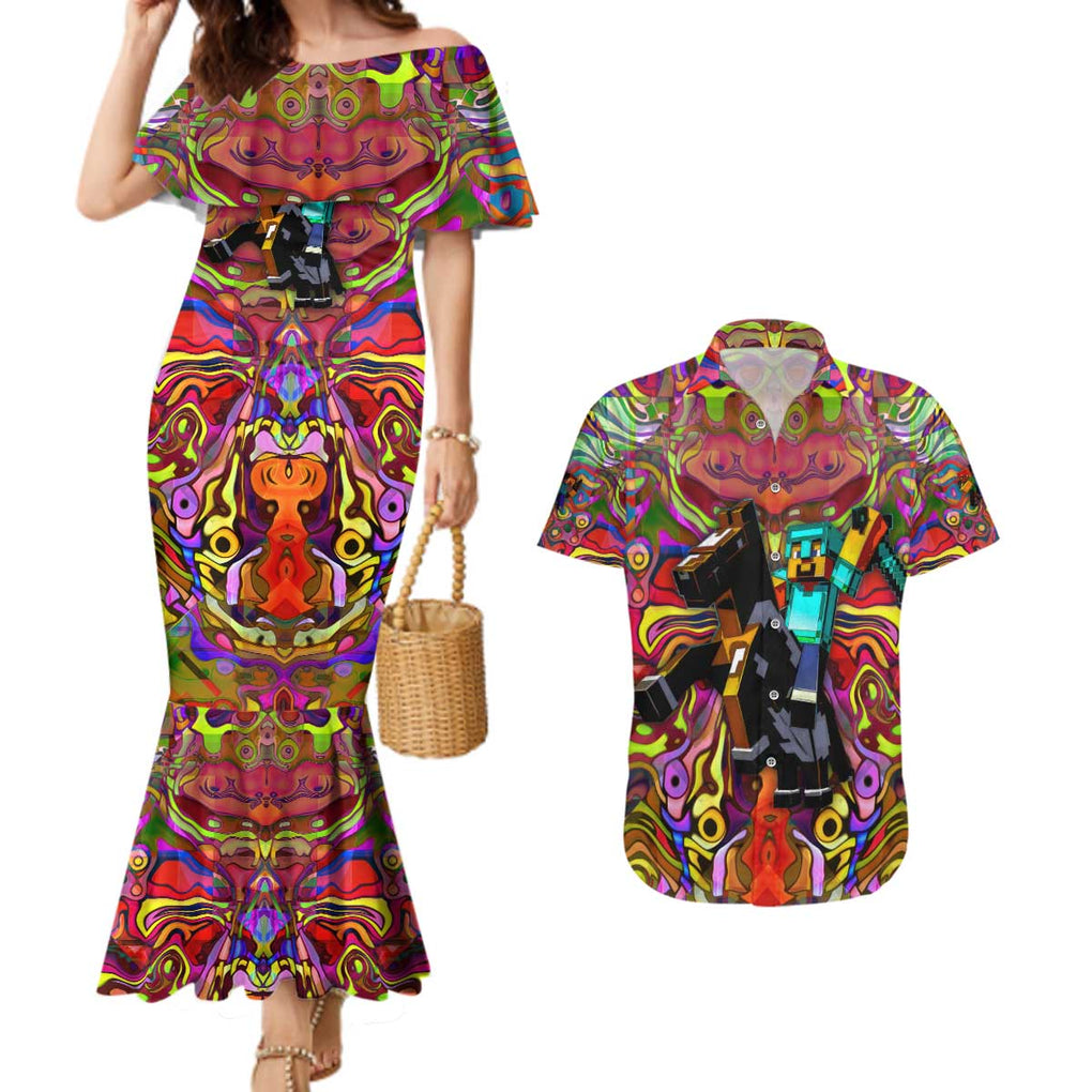 Trippy Minecraft Couples Matching Mermaid Dress and Hawaiian Shirt Trippy Style