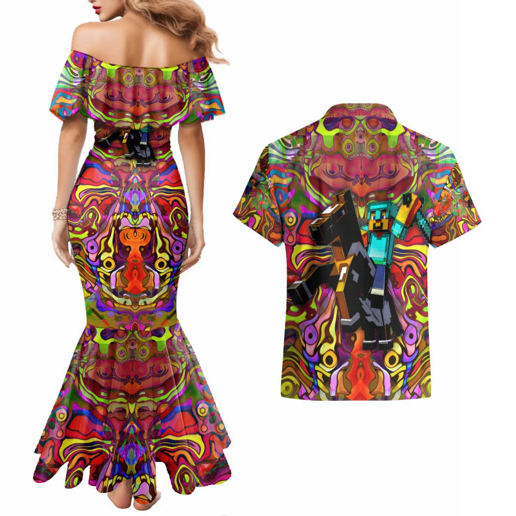 Trippy Minecraft Couples Matching Mermaid Dress and Hawaiian Shirt Trippy Style