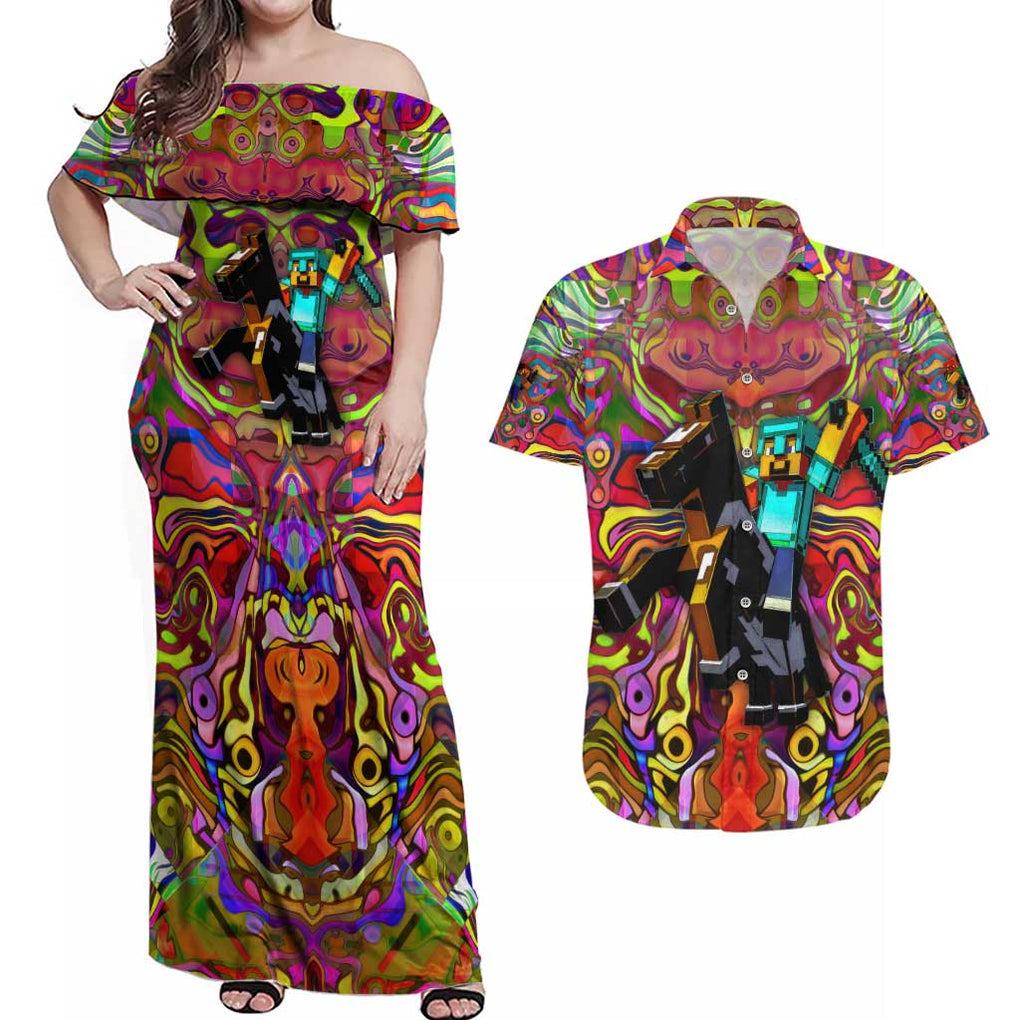 Trippy Minecraft Couples Matching Off Shoulder Maxi Dress and Hawaiian Shirt Trippy Style