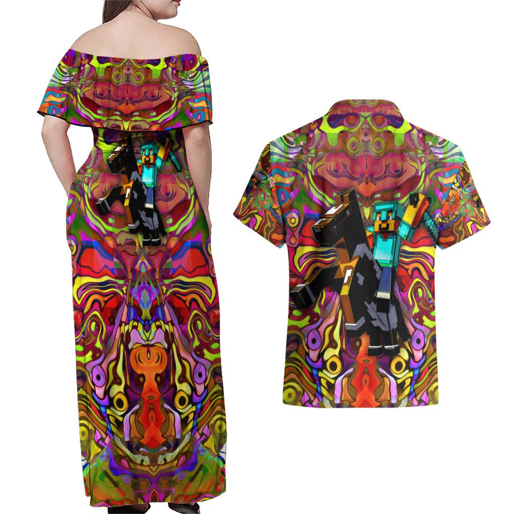 Trippy Minecraft Couples Matching Off Shoulder Maxi Dress and Hawaiian Shirt Trippy Style
