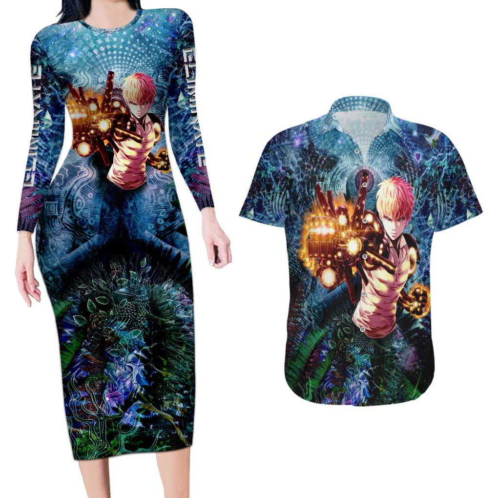 Trippy Genos One Punch Man Couples Matching Long Sleeve Bodycon Dress and Hawaiian Shirt Trippy Mix Anime Style
