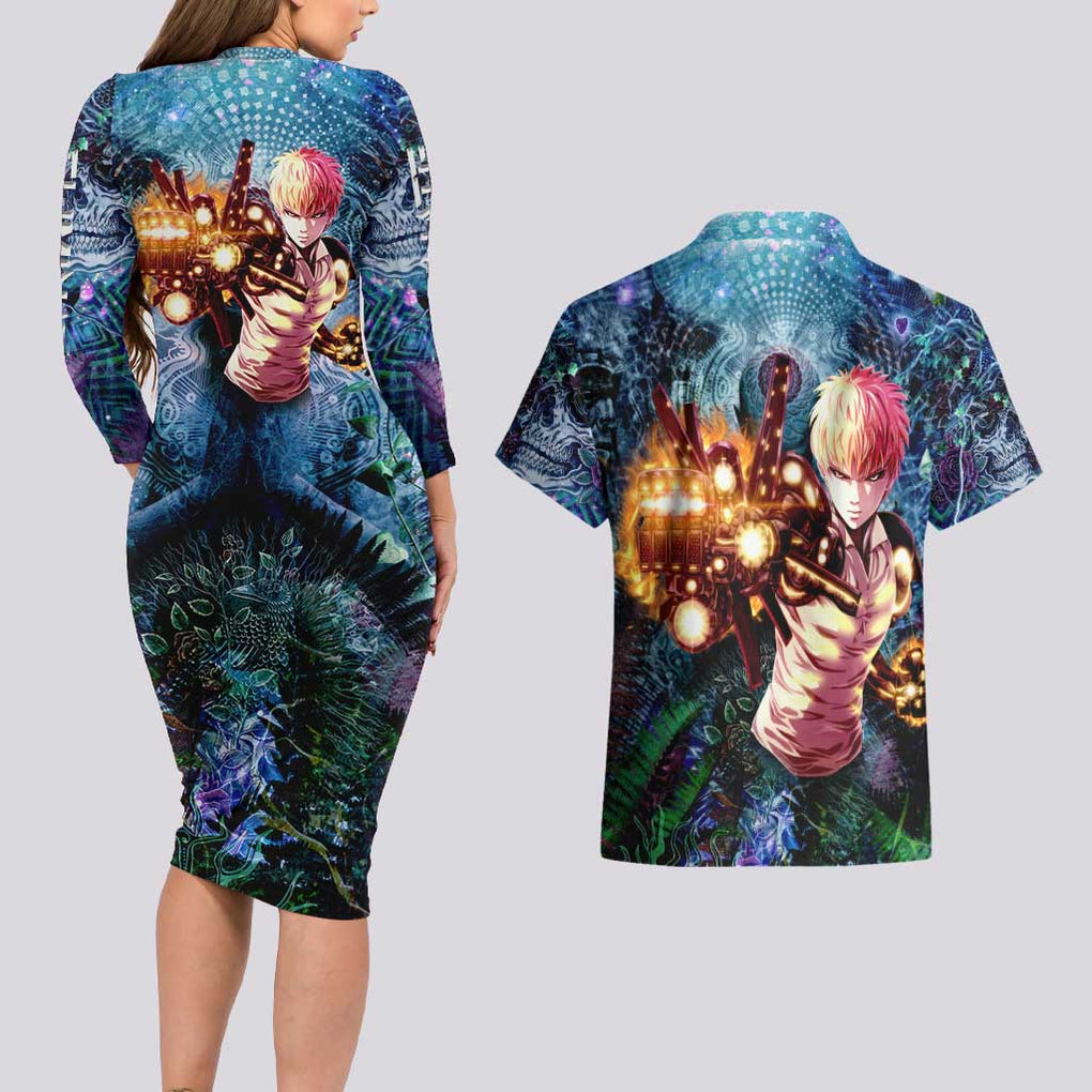 Trippy Genos One Punch Man Couples Matching Long Sleeve Bodycon Dress and Hawaiian Shirt Trippy Mix Anime Style