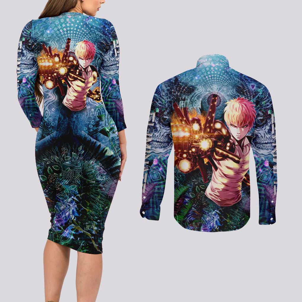 Trippy Genos One Punch Man Couples Matching Long Sleeve Bodycon Dress and Long Sleeve Button Shirt Trippy Mix Anime Style