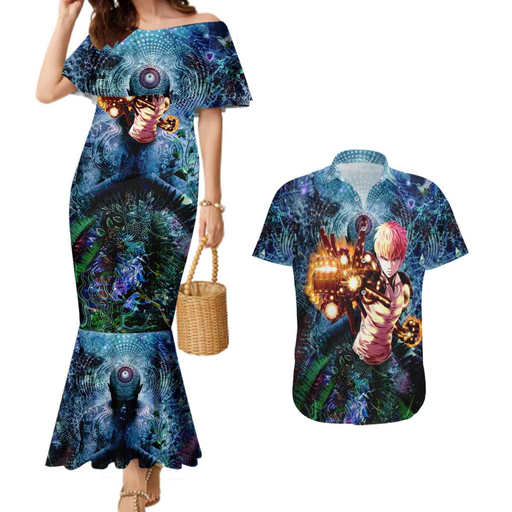 Trippy Genos One Punch Man Couples Matching Mermaid Dress and Hawaiian Shirt Trippy Mix Anime Style