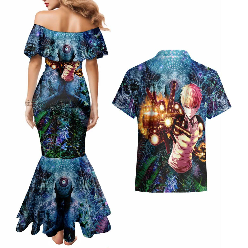 Trippy Genos One Punch Man Couples Matching Mermaid Dress and Hawaiian Shirt Trippy Mix Anime Style