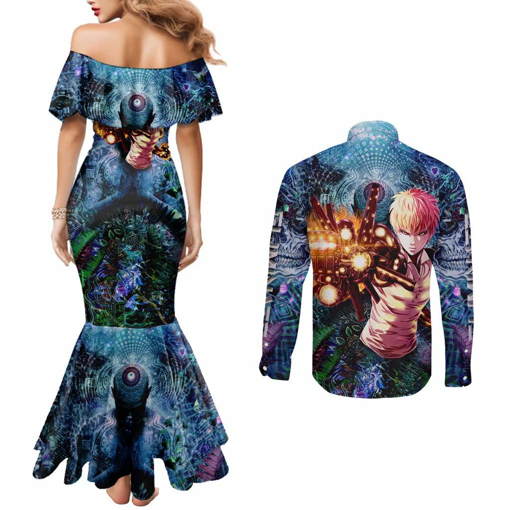 Trippy Genos One Punch Man Couples Matching Mermaid Dress and Long Sleeve Button Shirt Trippy Mix Anime Style