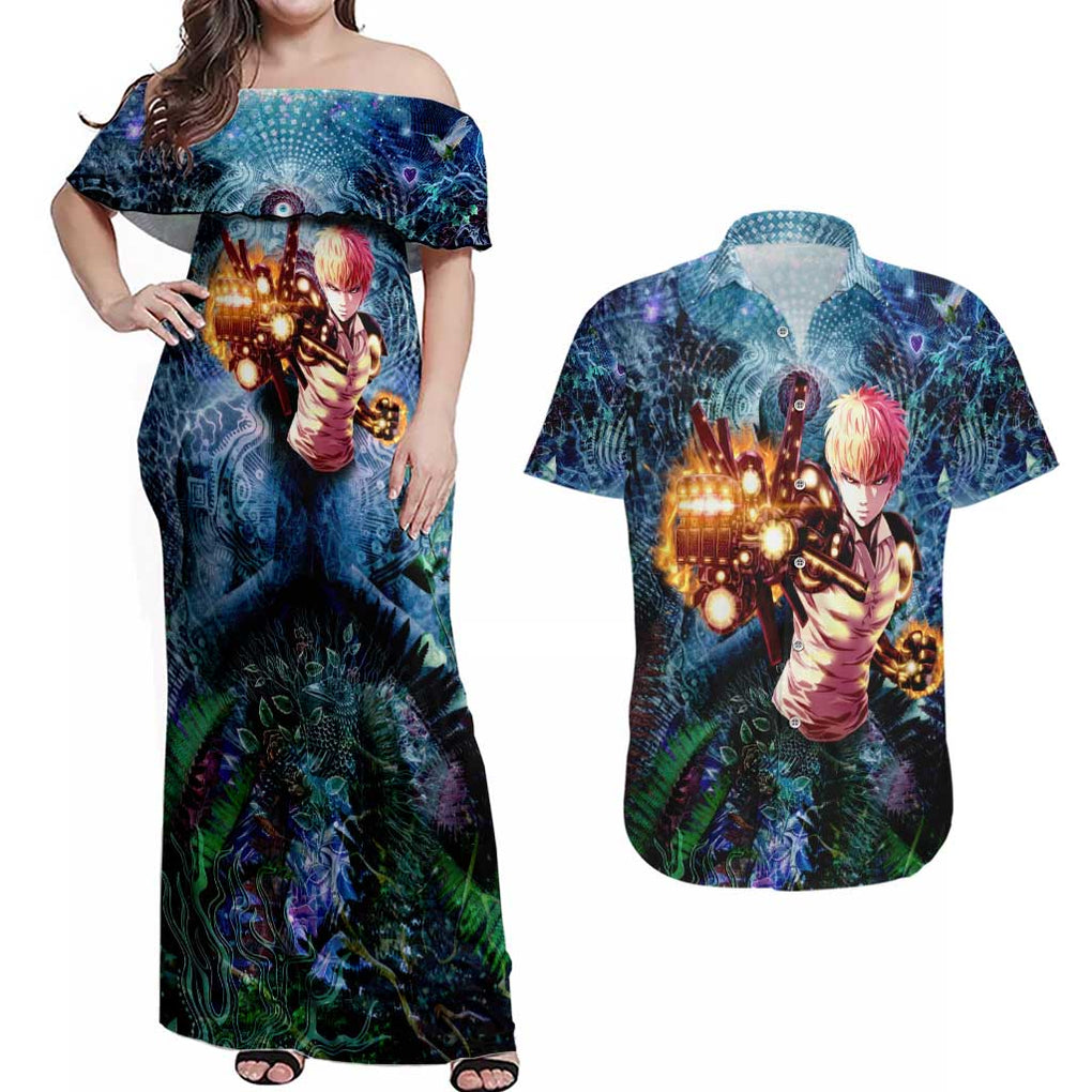 Trippy Genos One Punch Man Couples Matching Off Shoulder Maxi Dress and Hawaiian Shirt Trippy Mix Anime Style