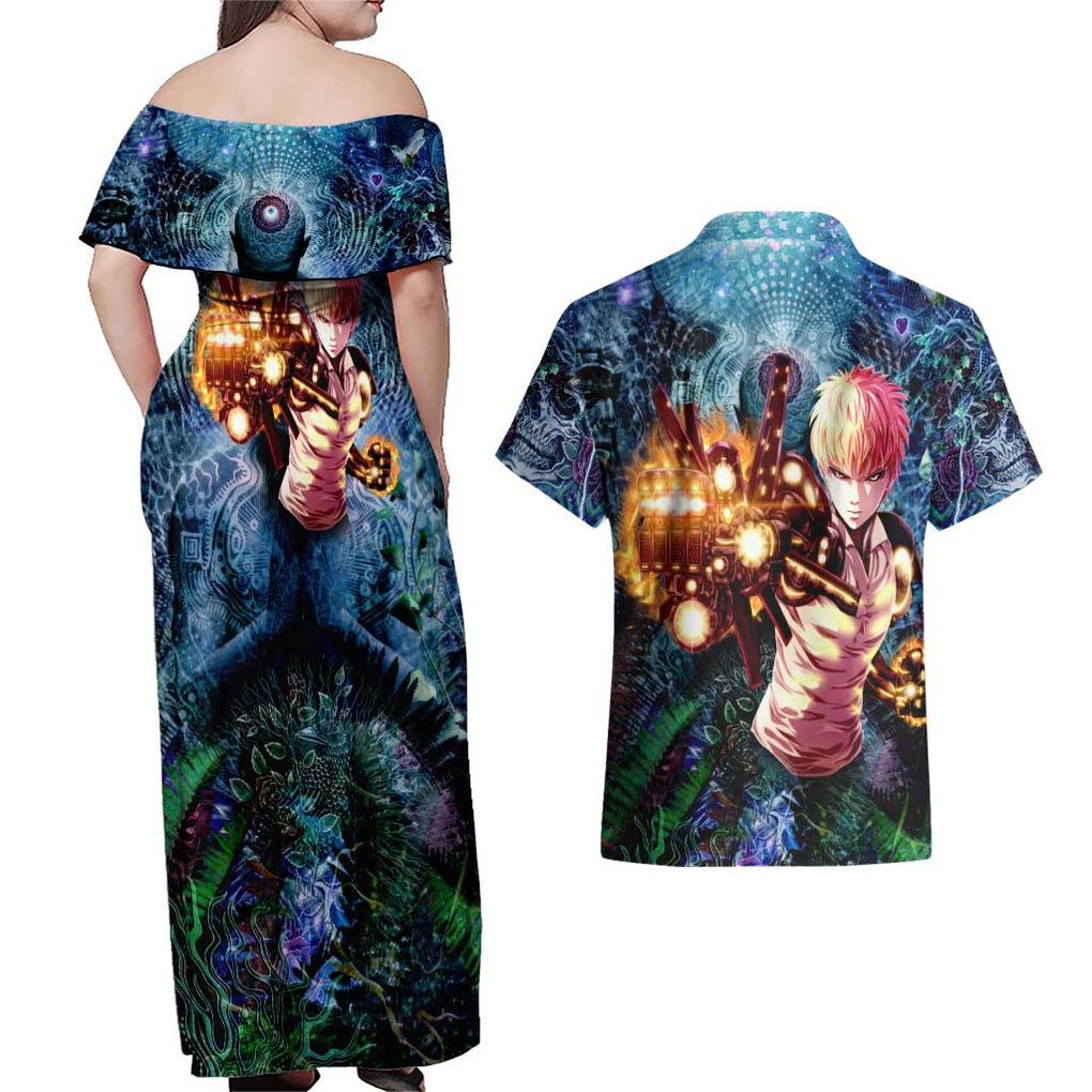 Trippy Genos One Punch Man Couples Matching Off Shoulder Maxi Dress and Hawaiian Shirt Trippy Mix Anime Style