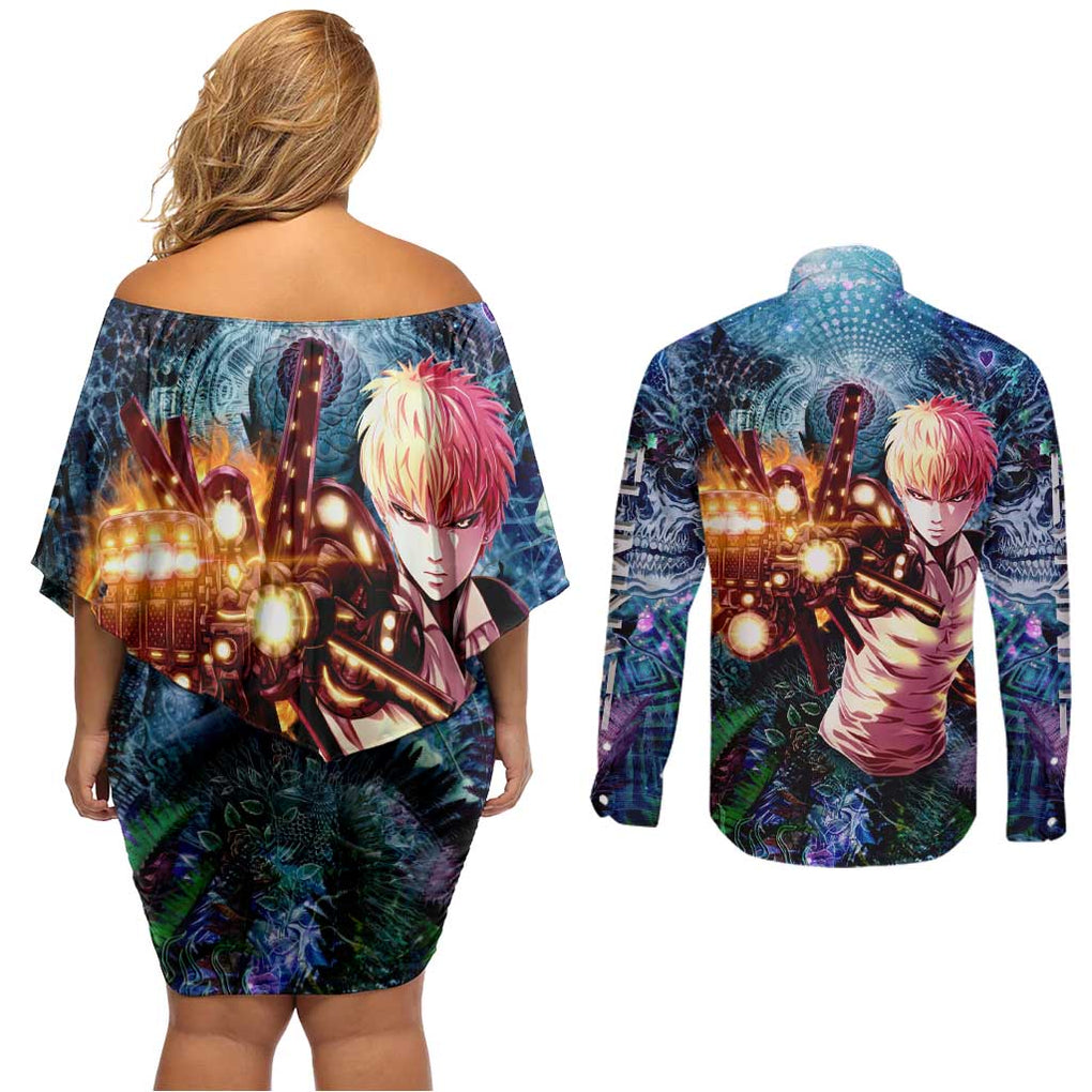 Trippy Genos One Punch Man Couples Matching Off Shoulder Short Dress and Long Sleeve Button Shirt Trippy Mix Anime Style