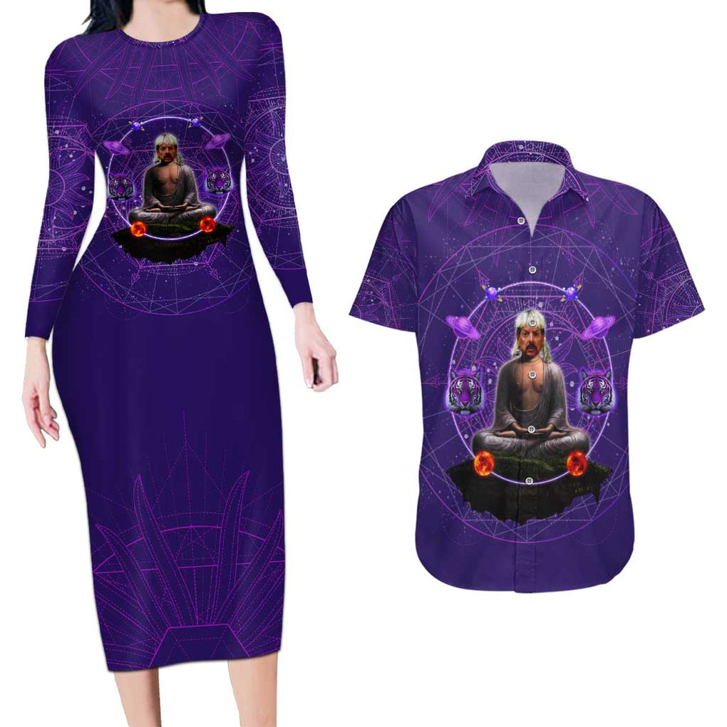 Tiger King Trippy Joe Exotic Astral Meditation Couples Matching Long Sleeve Bodycon Dress and Hawaiian Shirt Trippy Style