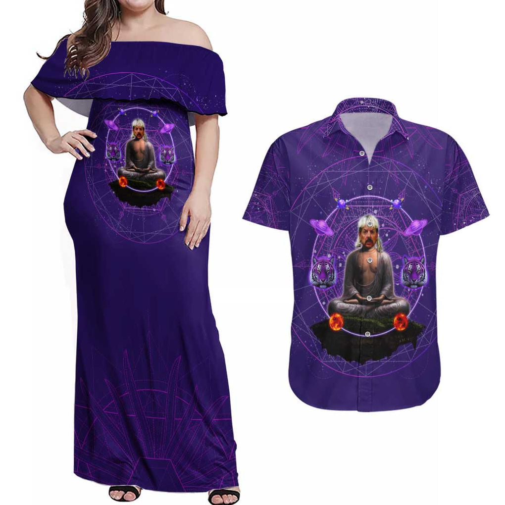 Tiger King Trippy Joe Exotic Astral Meditation Couples Matching Off Shoulder Maxi Dress and Hawaiian Shirt Trippy Style