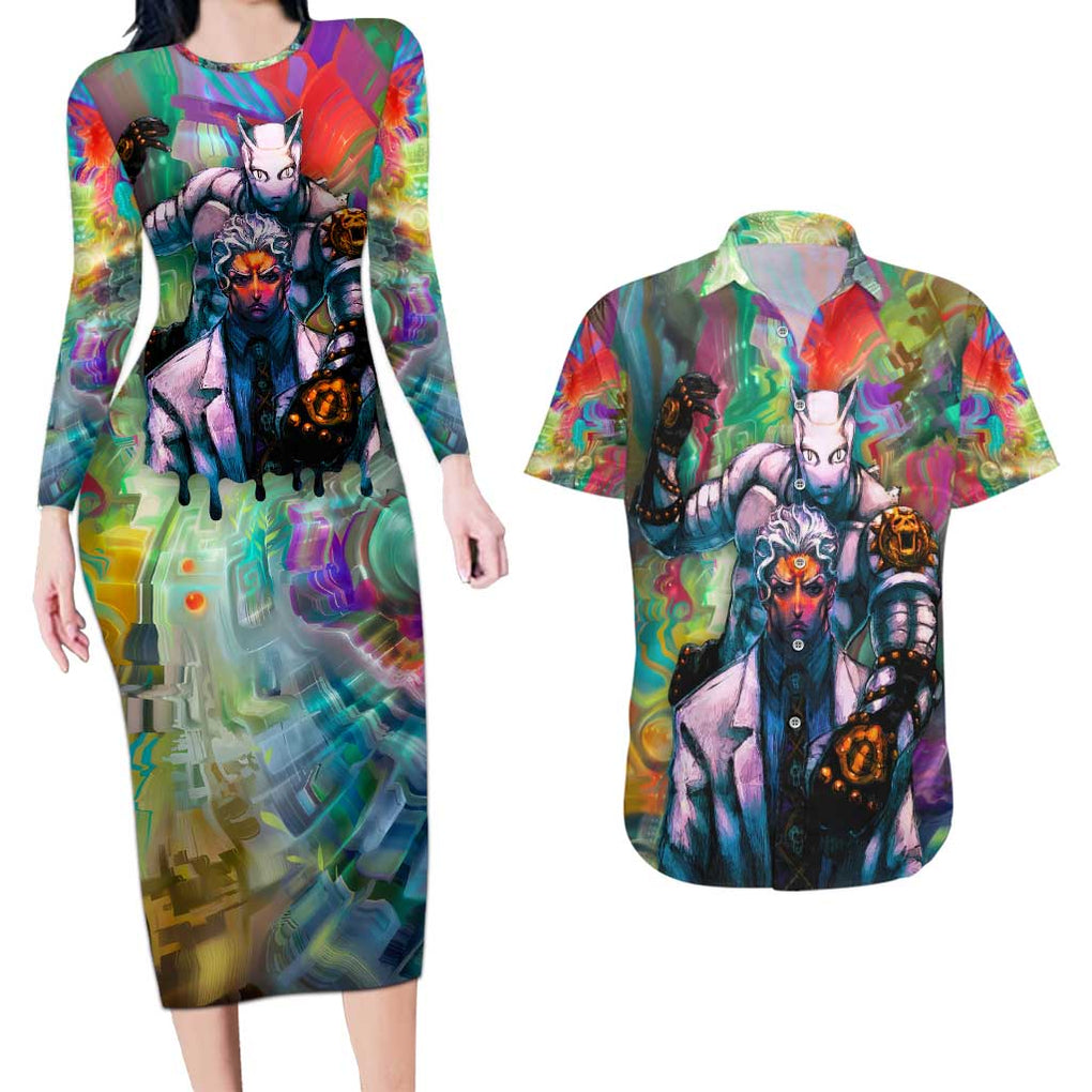 Trippy Yoshikage Kira Deadly Queen Jojo’s Bizarre Adventure Couples Matching Long Sleeve Bodycon Dress and Hawaiian Shirt Trippy Style