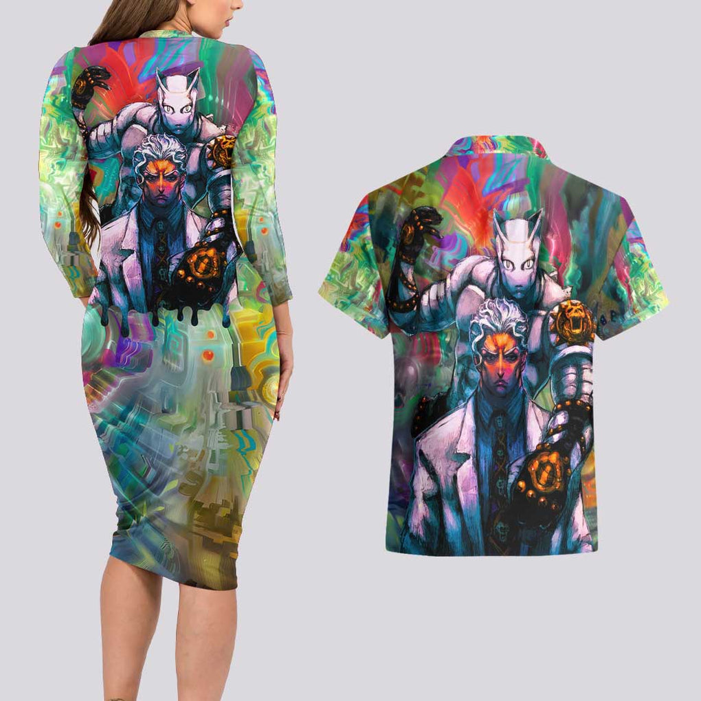 Trippy Yoshikage Kira Deadly Queen Jojo’s Bizarre Adventure Couples Matching Long Sleeve Bodycon Dress and Hawaiian Shirt Trippy Style
