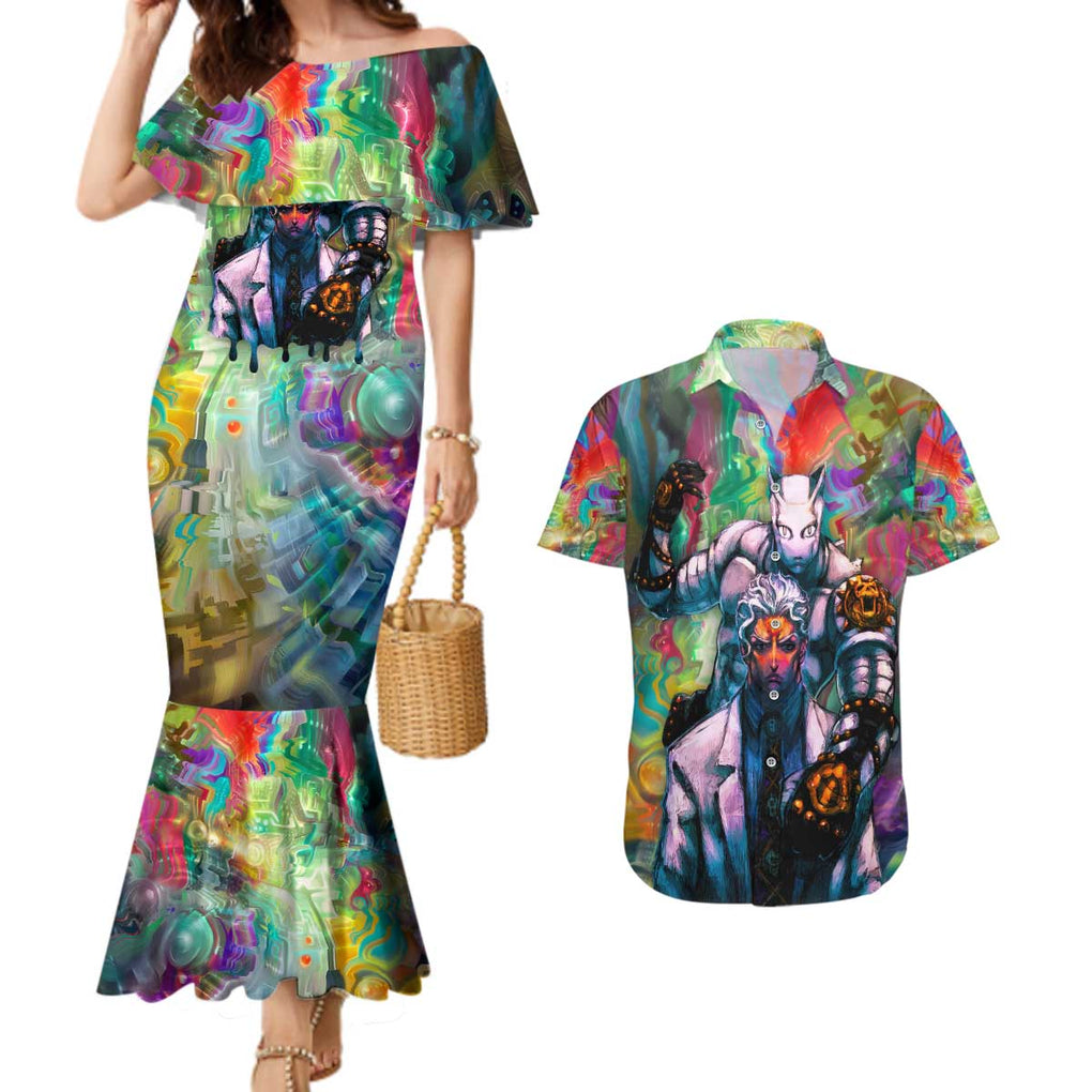 Trippy Yoshikage Kira Deadly Queen Jojo’s Bizarre Adventure Couples Matching Mermaid Dress and Hawaiian Shirt Trippy Style