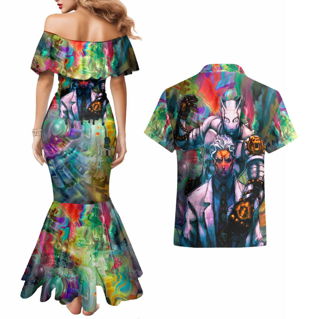 Trippy Yoshikage Kira Deadly Queen Jojo’s Bizarre Adventure Couples Matching Mermaid Dress and Hawaiian Shirt Trippy Style