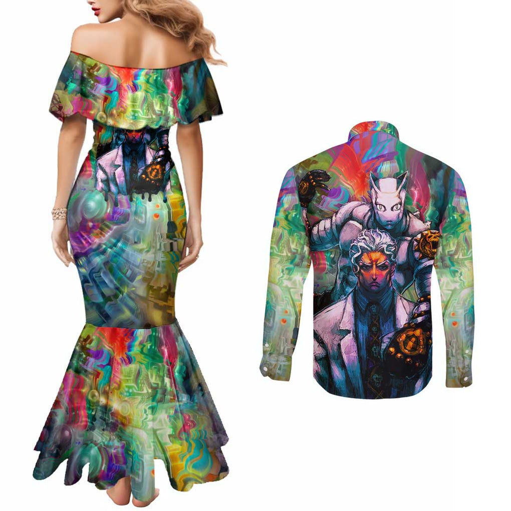 Trippy Yoshikage Kira Deadly Queen Jojo’s Bizarre Adventure Couples Matching Mermaid Dress and Long Sleeve Button Shirt Trippy Style