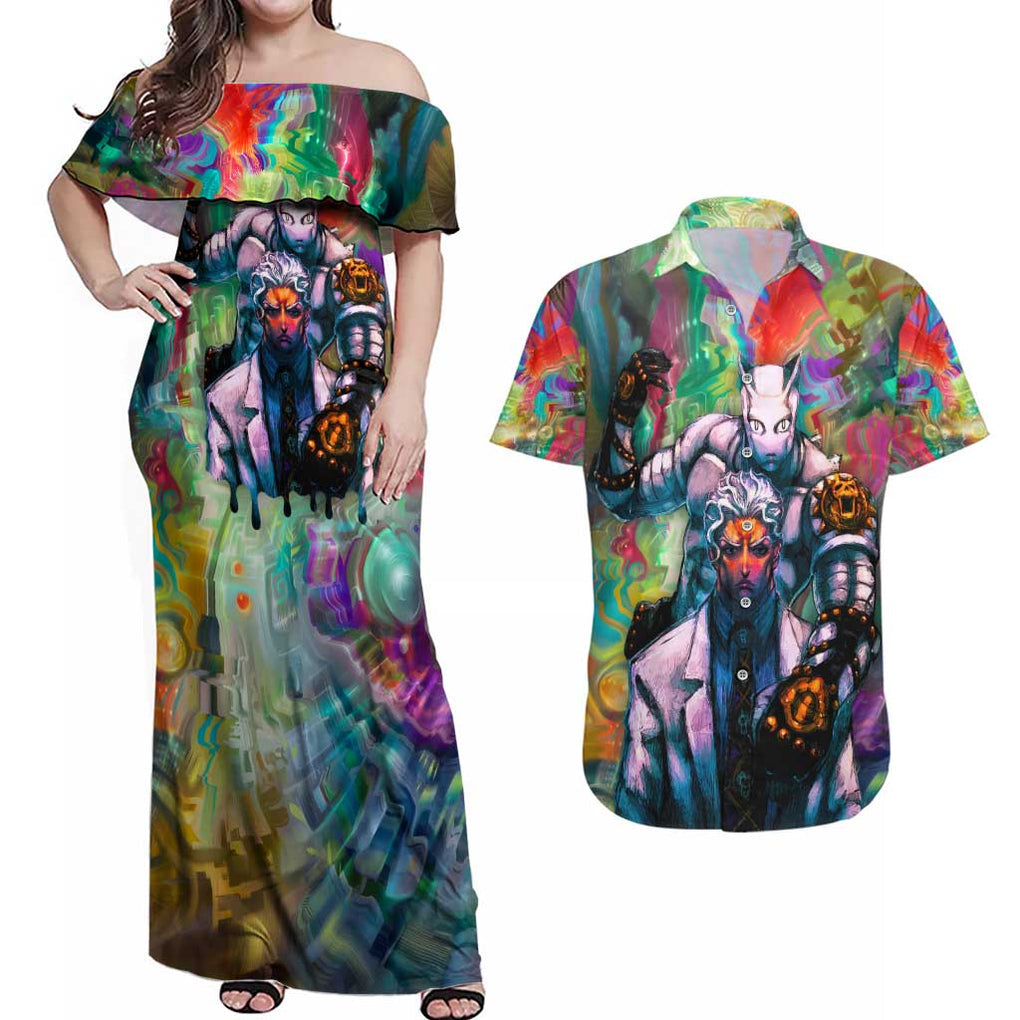 Trippy Yoshikage Kira Deadly Queen Jojo’s Bizarre Adventure Couples Matching Off Shoulder Maxi Dress and Hawaiian Shirt Trippy Style