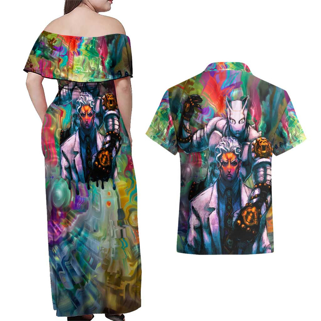 Trippy Yoshikage Kira Deadly Queen Jojo’s Bizarre Adventure Couples Matching Off Shoulder Maxi Dress and Hawaiian Shirt Trippy Style