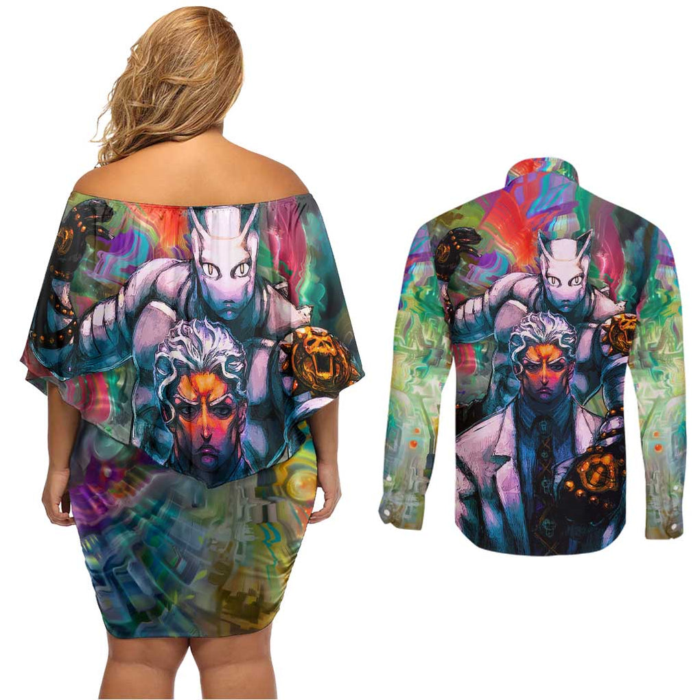 Trippy Yoshikage Kira Deadly Queen Jojo’s Bizarre Adventure Couples Matching Off Shoulder Short Dress and Long Sleeve Button Shirt Trippy Style
