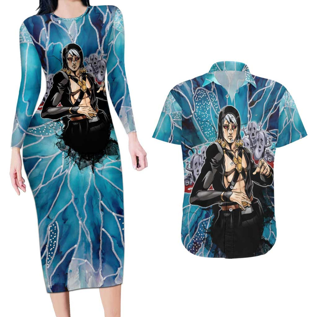 Trippy Risotto Nero Metallic Jojo’s Bizarre Adventure Couples Matching Long Sleeve Bodycon Dress and Hawaiian Shirt Trippy Style