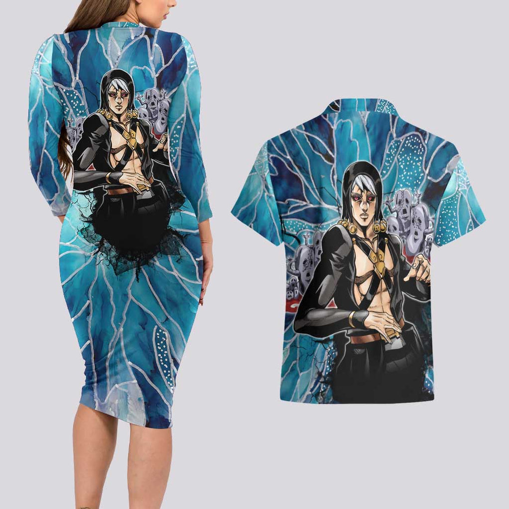Trippy Risotto Nero Metallic Jojo’s Bizarre Adventure Couples Matching Long Sleeve Bodycon Dress and Hawaiian Shirt Trippy Style