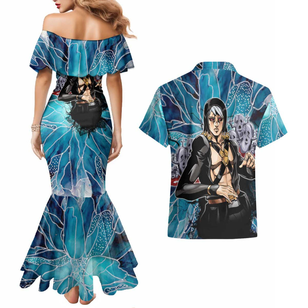Trippy Risotto Nero Metallic Jojo’s Bizarre Adventure Couples Matching Mermaid Dress and Hawaiian Shirt Trippy Style