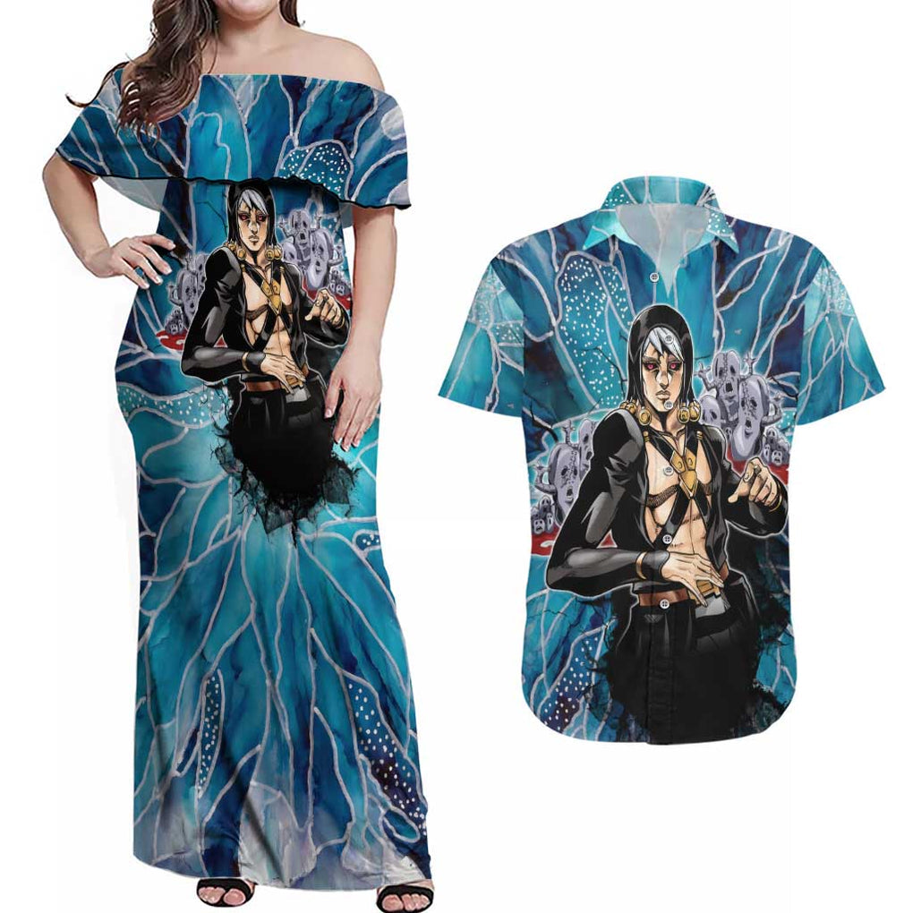 Trippy Risotto Nero Metallic Jojo’s Bizarre Adventure Couples Matching Off Shoulder Maxi Dress and Hawaiian Shirt Trippy Style