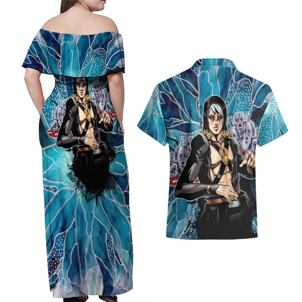 Trippy Risotto Nero Metallic Jojo’s Bizarre Adventure Couples Matching Off Shoulder Maxi Dress and Hawaiian Shirt Trippy Style