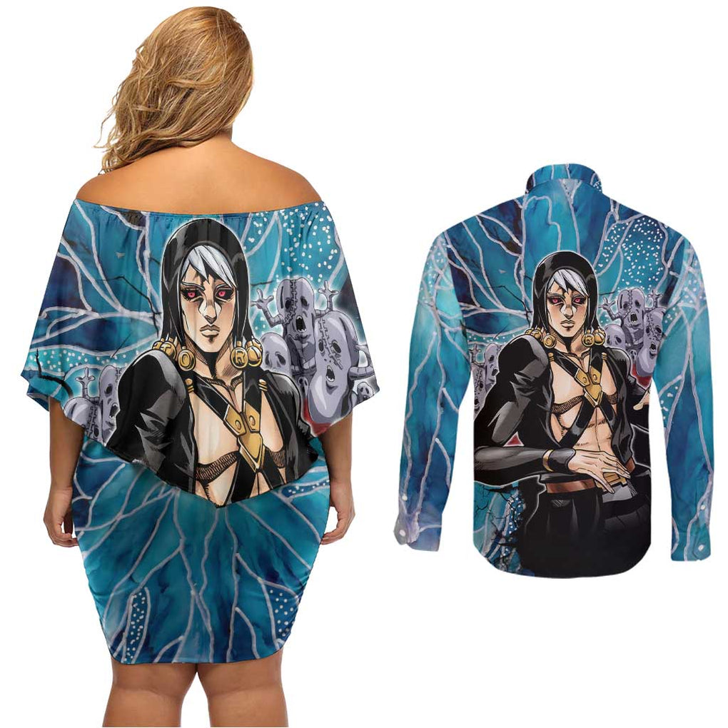 Trippy Risotto Nero Metallic Jojo’s Bizarre Adventure Couples Matching Off Shoulder Short Dress and Long Sleeve Button Shirt Trippy Style