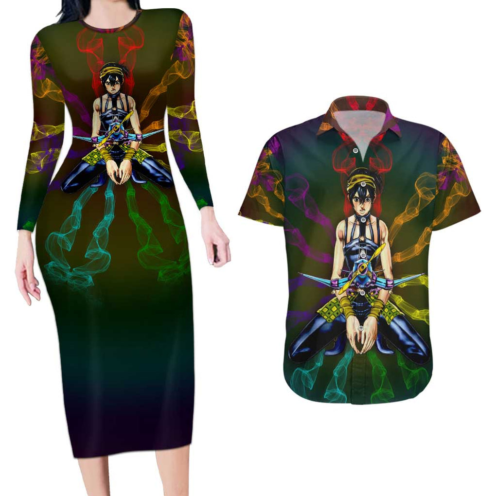 Trippy Narancia Lil Bomber Jojo’s Bizarre Adventure Couples Matching Long Sleeve Bodycon Dress and Hawaiian Shirt Trippy Style