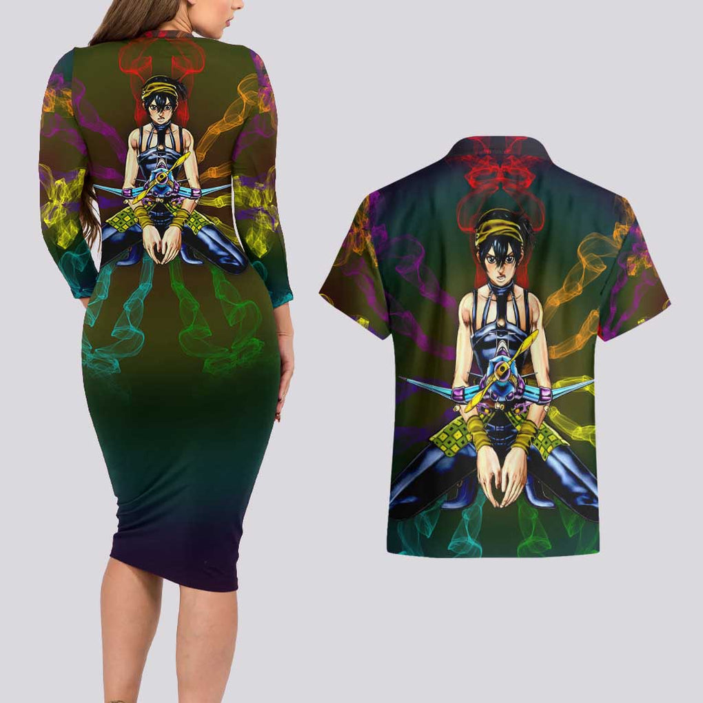 Trippy Narancia Lil Bomber Jojo’s Bizarre Adventure Couples Matching Long Sleeve Bodycon Dress and Hawaiian Shirt Trippy Style