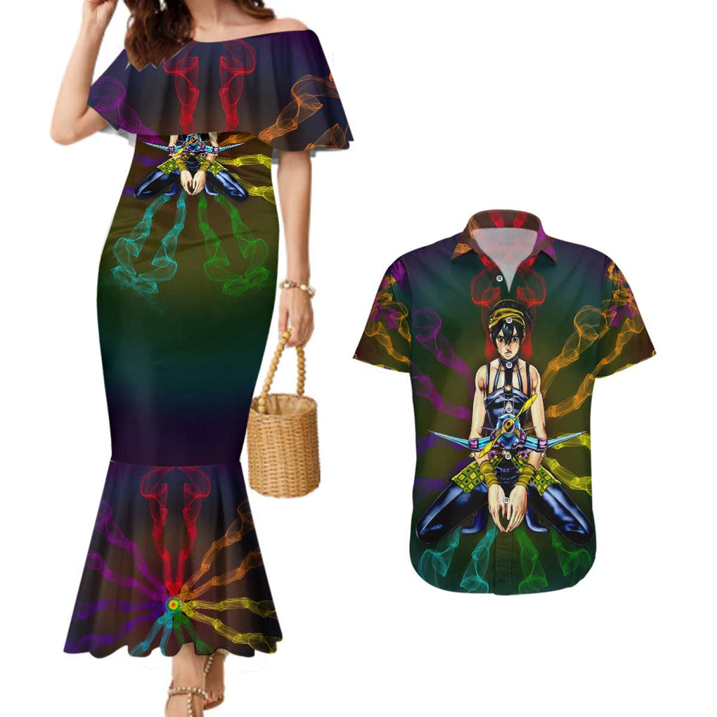 Trippy Narancia Lil Bomber Jojo’s Bizarre Adventure Couples Matching Mermaid Dress and Hawaiian Shirt Trippy Style